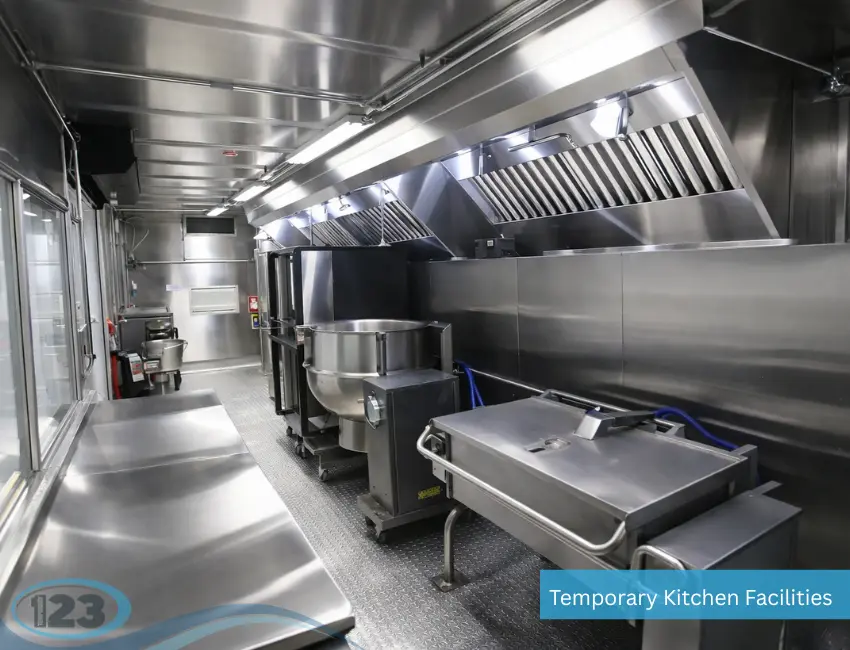 Commercial cooking equipment and preparation space coordinated by Mobile Laundry Trailer Rental