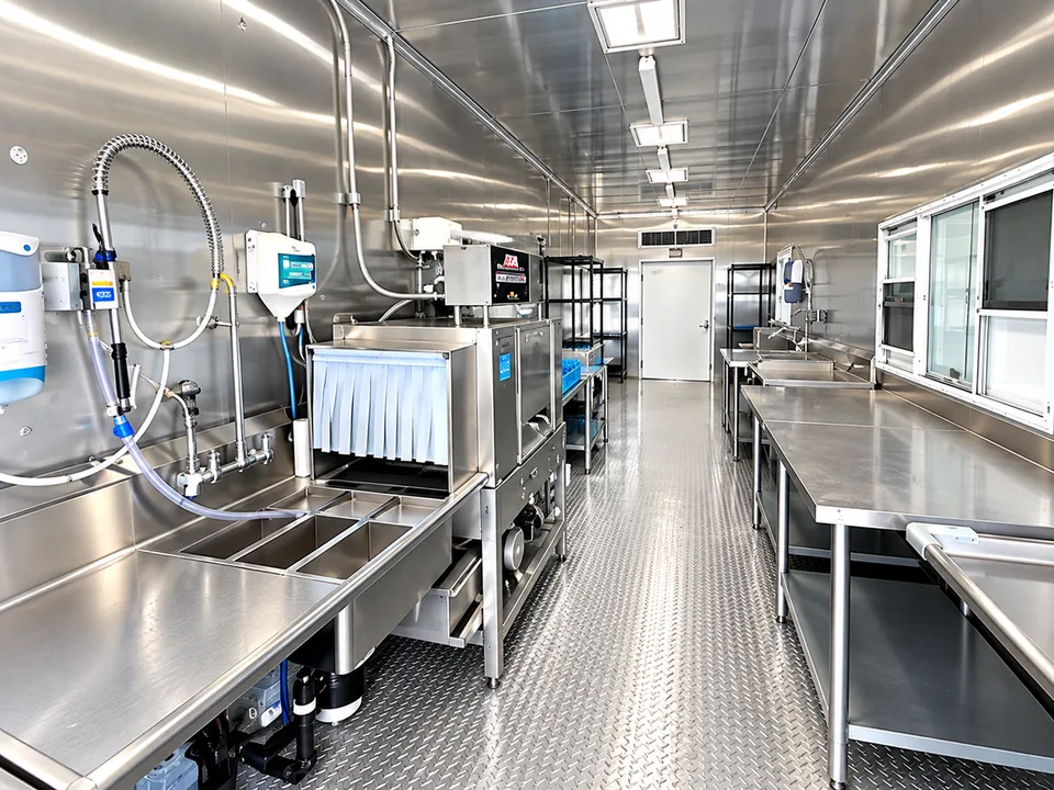 38 ft high-temperature conveyor dishwashing trailer interior view 1